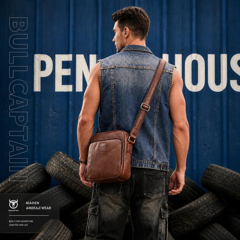 BULL CAPTAIN Genuine Leather Crossbody Bag for Men Vintage Multi-Pocket Messenger Bag