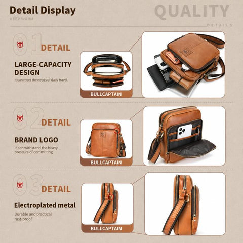 BULL CAPTAIN Genuine Leather Crossbody Bag for Men Vintage Multi-Pocket Messenger Bag