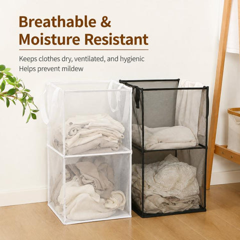 Collapsible Mesh Laundry Hamper Portable Clothes Storage Basket With Handles, Single Layer Black, Single Layer White, Single Layer Gray, Double Layer Black, Double Layer White