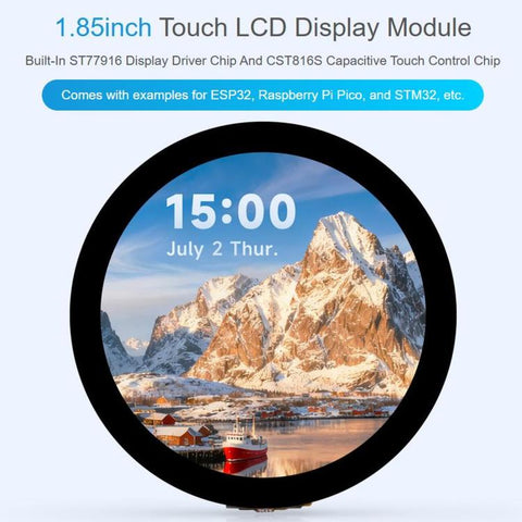 1.85 inch Touch LCD Display Module, 360 x 360 Resolution, 262K Color, QSPI And I2C Communication, Built-in ST77916 Display Driver Chip And CST816S Touch Control Chip, 35079