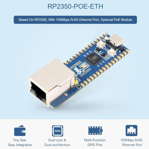 WAVESHARE RP2350 Development Board, Dual-Core And Dual-Architecture, W6300 Ethernet Controller, Supports PoE Expansion Via A PoE Module, No Soldered Pin Headers Without PoE Module, No Soldered Pin Headers With PoE Module                                ...