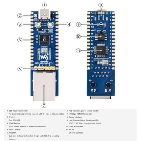 WAVESHARE RP2350 Development Board, Dual-Core And Dual-Architecture, W6300 Ethernet Controller, Supports PoE Expansion Via A PoE Module, No Soldered Pin Headers Without PoE Module, No Soldered Pin Headers With PoE Module                                ...