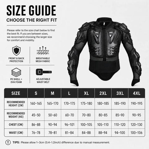 Motorcycle Body Armor Jacket Full Body Protective Gear with Removable Spine Back Protector, S, M, L, XL, XXL, XXXL, 4XL
