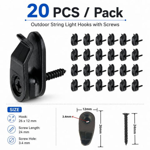 20 PCS/Pack Outdoor String Light Hooks Screw-in Light Clips Light Hangers for Patio, Deck, Fence Wall & Holiday Decor, Screw-in