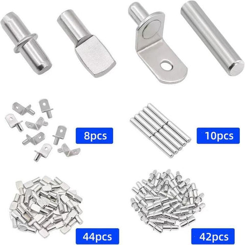 104 PCS/Box Shelf Pegs Kit 4 Assorted Styles Metal Shelf Support Pins Brackets Assortment, 104 PCS/Box Gold, 104 PCS/Box  Silver