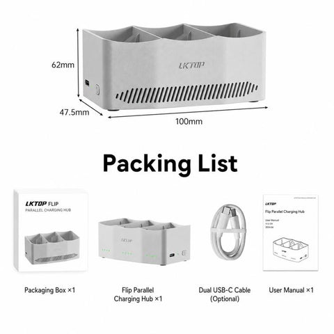 LKTOP 65W Parallel Battery Charger Hub for DJI Mini 5 Pro / Mini 4 Pro / Mini 3 Pro 3-Bay Simultaneous Fast Charging Hub, 65W 3-Bay
