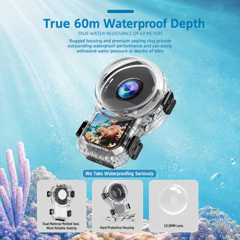 For Insta360 X6 Waterproof Housing 60M/196FT Invisible Dive Case with Foldable 2-Prong & 1/4inch Thread, 360 Panoramic Foldable 2-Prong