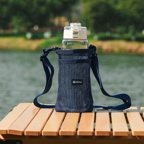 AOTU AT6941-1 Mesh Water Bottle Holder Carrier Bag With Adjustable Shoulder Strap Front Pocket For Outdoor Walking
