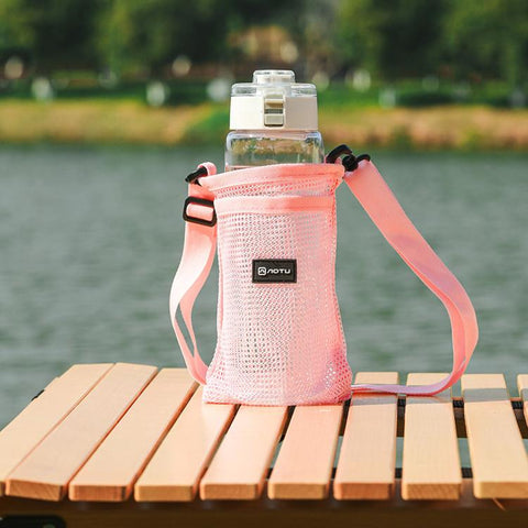 AOTU AT6941-1 Mesh Water Bottle Holder Carrier Bag With Adjustable Shoulder Strap Front Pocket For Outdoor Walking