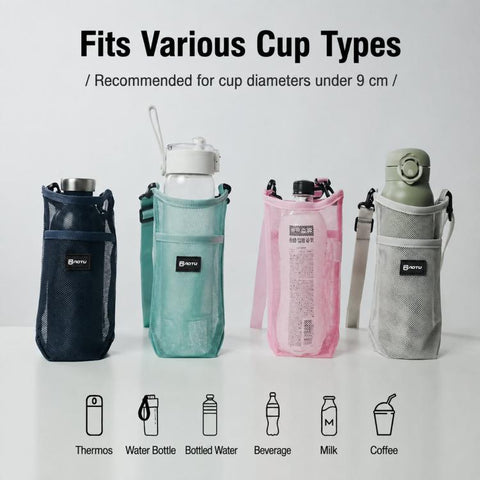 AOTU AT6941-1 Mesh Water Bottle Holder Carrier Bag With Adjustable Shoulder Strap Front Pocket For Outdoor Walking