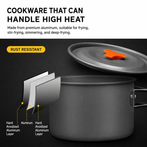 9 PCS/Box AOTU AT6384-1 Camping Cookware Mess Kit Hard Anodized Aluminum Pots Pans Kettle Set With Bowls