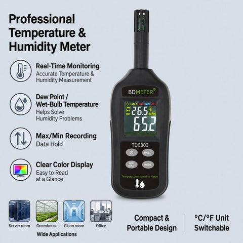 BDMETER TDC803 Handheld Portable Color Screen Temperature Humidity Meter High-Precision Environmental Detector, BDMETER TDC803