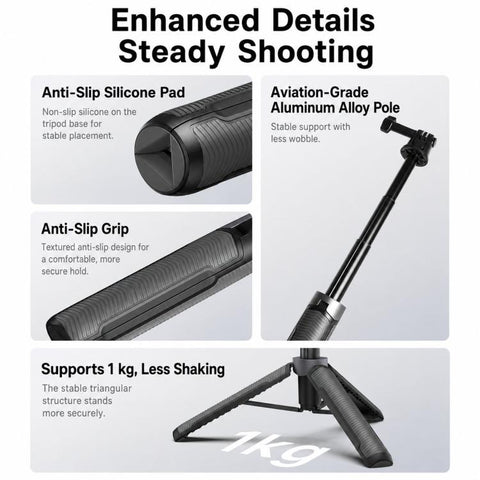 LKTOP Action Camera Tripod Selfie Stick 17.5-50cm Extendable Handheld Grip with 2-in-1 Dual Adapter