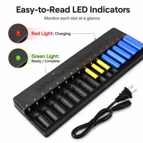 3.7V-4.2V 16-Slot Smart Lithium Battery Charger For 26650 / 18650 / 21700 Batteries, US Plug, EU Plug