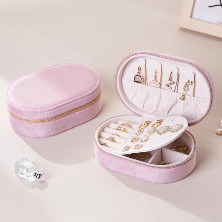 Small Velvet Travel Jewelry Case Portable Oval Jewelry Organizer Box with Zipper, Earring Stud Board