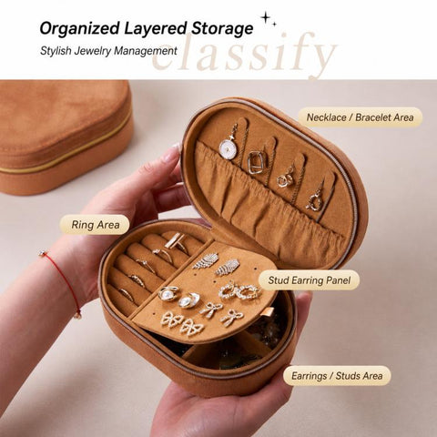 Small Velvet Travel Jewelry Case Portable Oval Jewelry Organizer Box with Zipper, Earring Stud Board