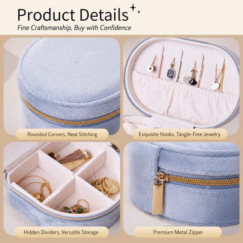 Small Velvet Travel Jewelry Case Portable Oval Jewelry Organizer Box with Zipper, Earring Stud Board