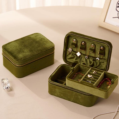 Velvet Travel Jewelry Box 2-Layer Portable Jewelry Organizer Case with Double Zipper, Removable Tray