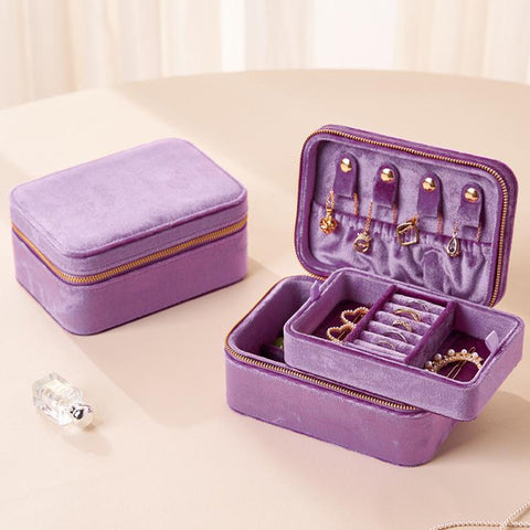 Velvet Travel Jewelry Box 2-Layer Portable Jewelry Organizer Case with Double Zipper, Removable Tray