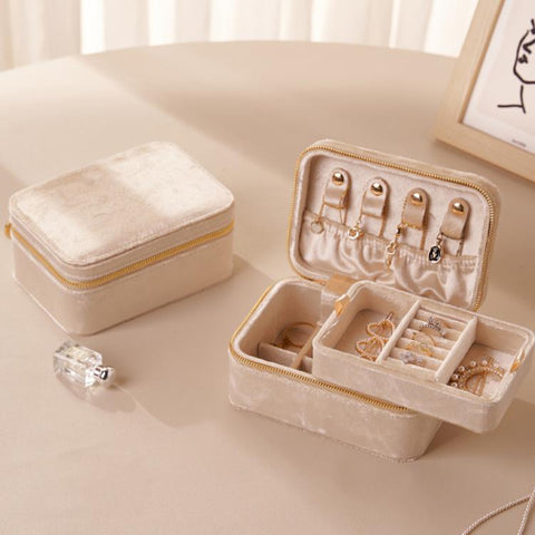 Velvet Travel Jewelry Box 2-Layer Portable Jewelry Organizer Case with Double Zipper, Removable Tray