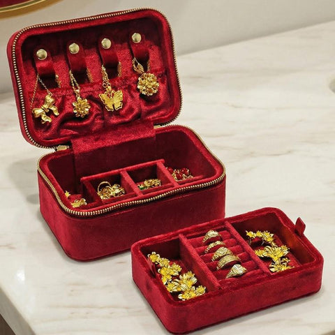 Velvet Travel Jewelry Box 2-Layer Portable Jewelry Organizer Case with Double Zipper, Removable Tray