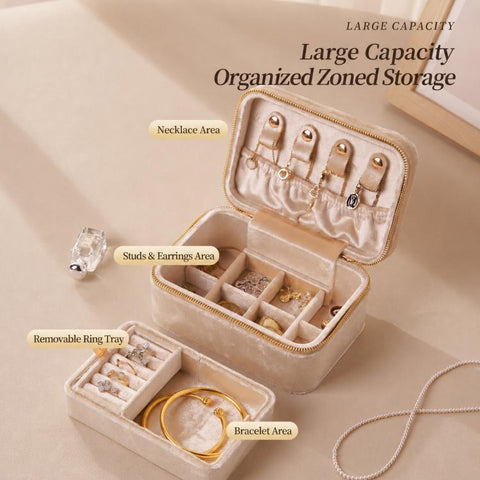 Velvet Travel Jewelry Box 2-Layer Portable Jewelry Organizer Case with Double Zipper, Removable Tray