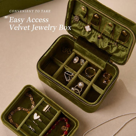 Velvet Travel Jewelry Box 2-Layer Portable Jewelry Organizer Case with Double Zipper, Removable Tray