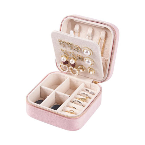 Mini 2-Tier Velvet Travel Jewelry Box with Earring Stud Board, Removable Divider & Necklace Hooks, 10 x 10 x 5.5cm