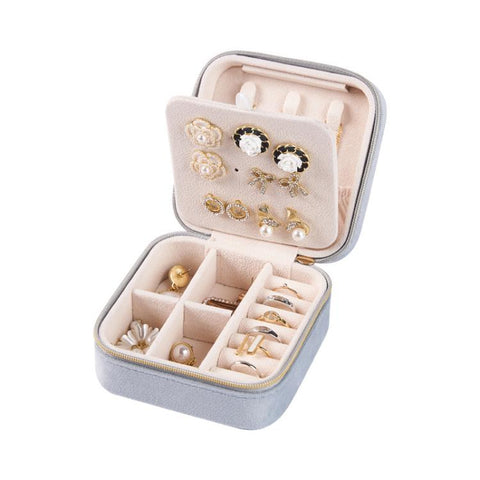 Mini 2-Tier Velvet Travel Jewelry Box with Earring Stud Board, Removable Divider & Necklace Hooks, 10 x 10 x 5.5cm