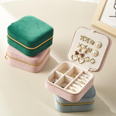 Mini 2-Tier Velvet Travel Jewelry Box with Earring Stud Board, Removable Divider & Necklace Hooks, 10 x 10 x 5.5cm