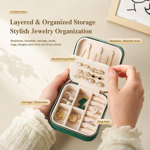 Mini 2-Tier Velvet Travel Jewelry Box with Earring Stud Board, Removable Divider & Necklace Hooks, 10 x 10 x 5.5cm