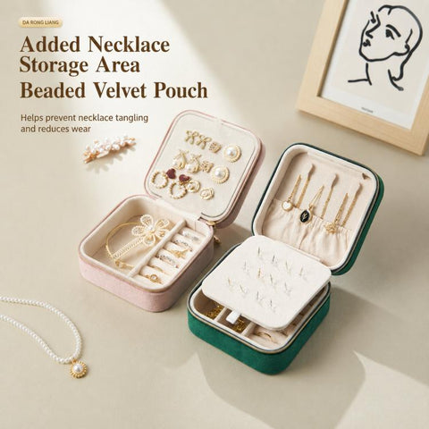 Mini 2-Tier Velvet Travel Jewelry Box with Earring Stud Board, Removable Divider & Necklace Hooks, 10 x 10 x 5.5cm