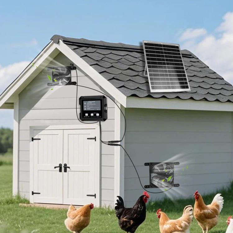 Solar-Powered Chicken Coop Cooling System Dual Fans Automatic Light-Sensor Start/Stop + Adjustable Timer