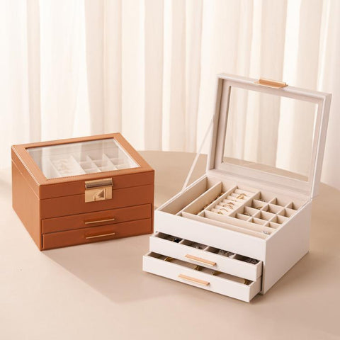 Glass Top 3-Tier Leather Jewelry Box with 2 Drawers Removable Dividers for Rings Earrings Bracelets