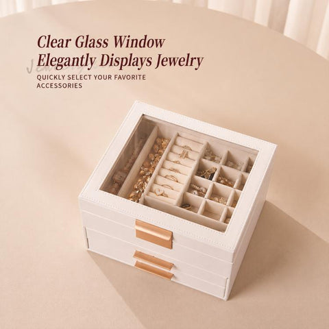 Glass Top 3-Tier Leather Jewelry Box with 2 Drawers Removable Dividers for Rings Earrings Bracelets