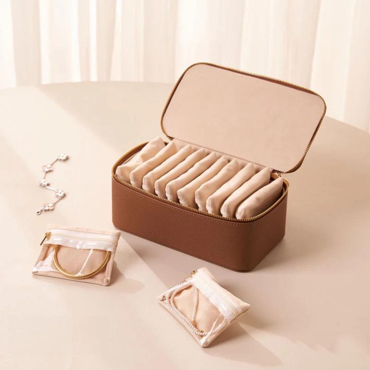 Jewelry Organizer Box with 12pcs Clear Zipper Pouches PU Leather Jewelry Storage Case