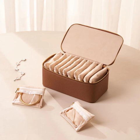 Jewelry Organizer Box with 12pcs Clear Zipper Pouches PU Leather Jewelry Storage Case