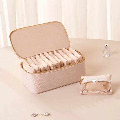 Jewelry Organizer Box with 12pcs Clear Zipper Pouches PU Leather Jewelry Storage Case