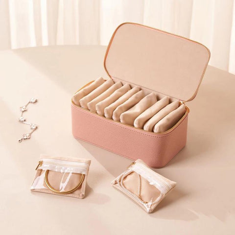 Jewelry Organizer Box with 12pcs Clear Zipper Pouches PU Leather Jewelry Storage Case