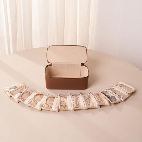 Jewelry Organizer Box with 12pcs Clear Zipper Pouches PU Leather Jewelry Storage Case