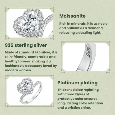 S925 Sterling Silver 2-Carat Heart-Shaped Moissanite Ring, 6 US Size, 7 US Size, 8 US Size