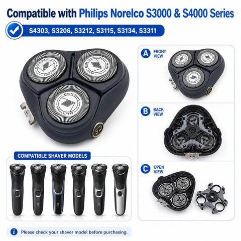 Replacement Shaver Head Assembly For Philips Norelco S3000 & S4000 Series, S4303 / S3206 / S3212, Silver Lettering, Gold Lettering