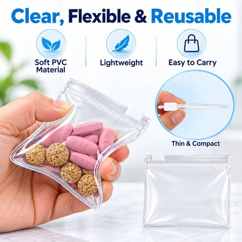 Clear Reusable Pill Pouches 3.14 Inch Small Plastic Slider Bags for Daily Vitamins, Jewelry & Craft Storage, 10 PCS/Pack, 20 PCS/Pack