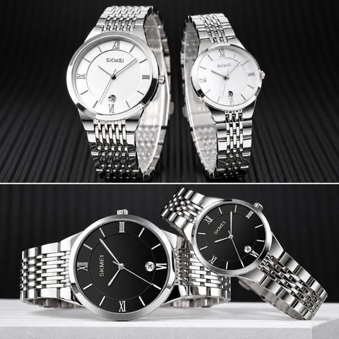 SKMEI Ultra Thin Couple Quartz Watch Stainless Steel 30M Waterproof Date Wristwatch