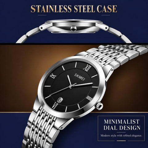 SKMEI Ultra Thin Couple Quartz Watch Stainless Steel 30M Waterproof Date Wristwatch