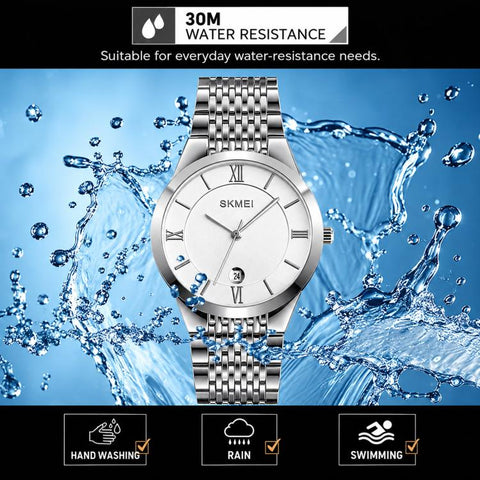 SKMEI Ultra Thin Couple Quartz Watch Stainless Steel 30M Waterproof Date Wristwatch