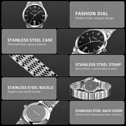 SKMEI Ultra Thin Couple Quartz Watch Stainless Steel 30M Waterproof Date Wristwatch