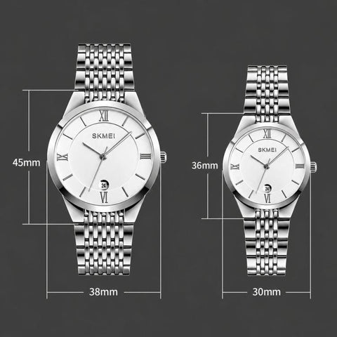 SKMEI Ultra Thin Couple Quartz Watch Stainless Steel 30M Waterproof Date Wristwatch