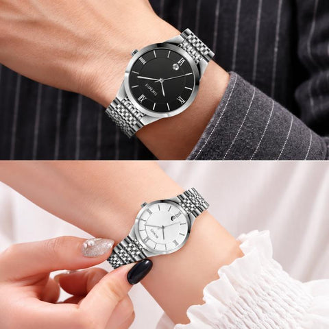 SKMEI Ultra Thin Couple Quartz Watch Stainless Steel 30M Waterproof Date Wristwatch