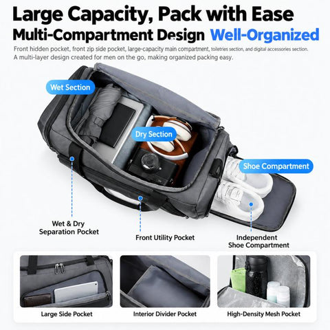 REMOID T17 Large Gym Duffle Bag Sports Travel Bag With Shoe Compartment Wet Pocket Holdall Backpack